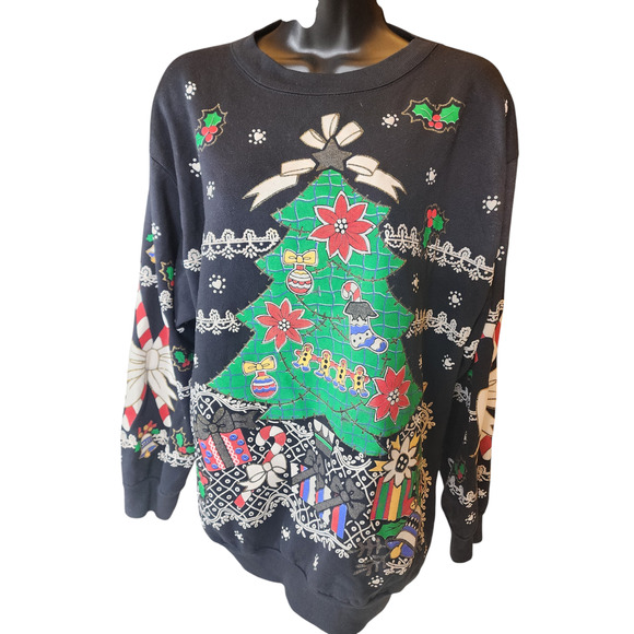 Holiday Time Christmas Sweatshirt Womens Large Ugly Xmas Sweater Tree Snowflakes - Picture 7 of 16